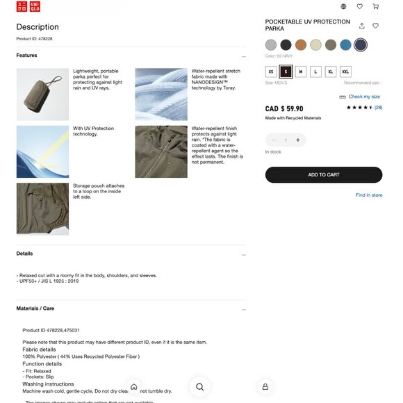 Uniqlo POCKETABLE UV PROTECTION PARKA - Navy Blue - Small - Picture 4 of 4